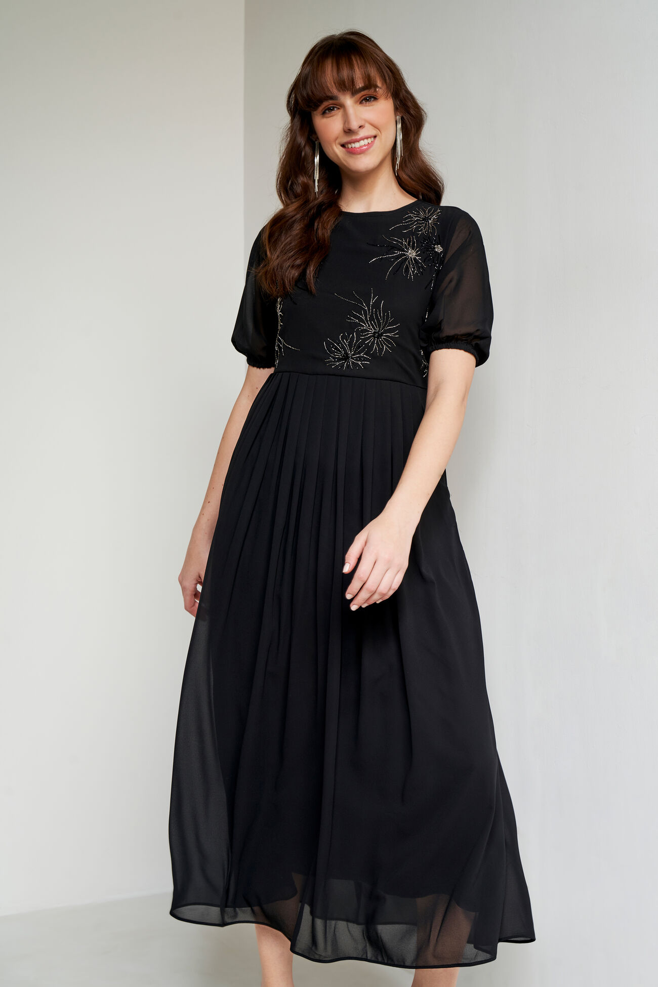 Black Solid Flared Gown, Black, image 1