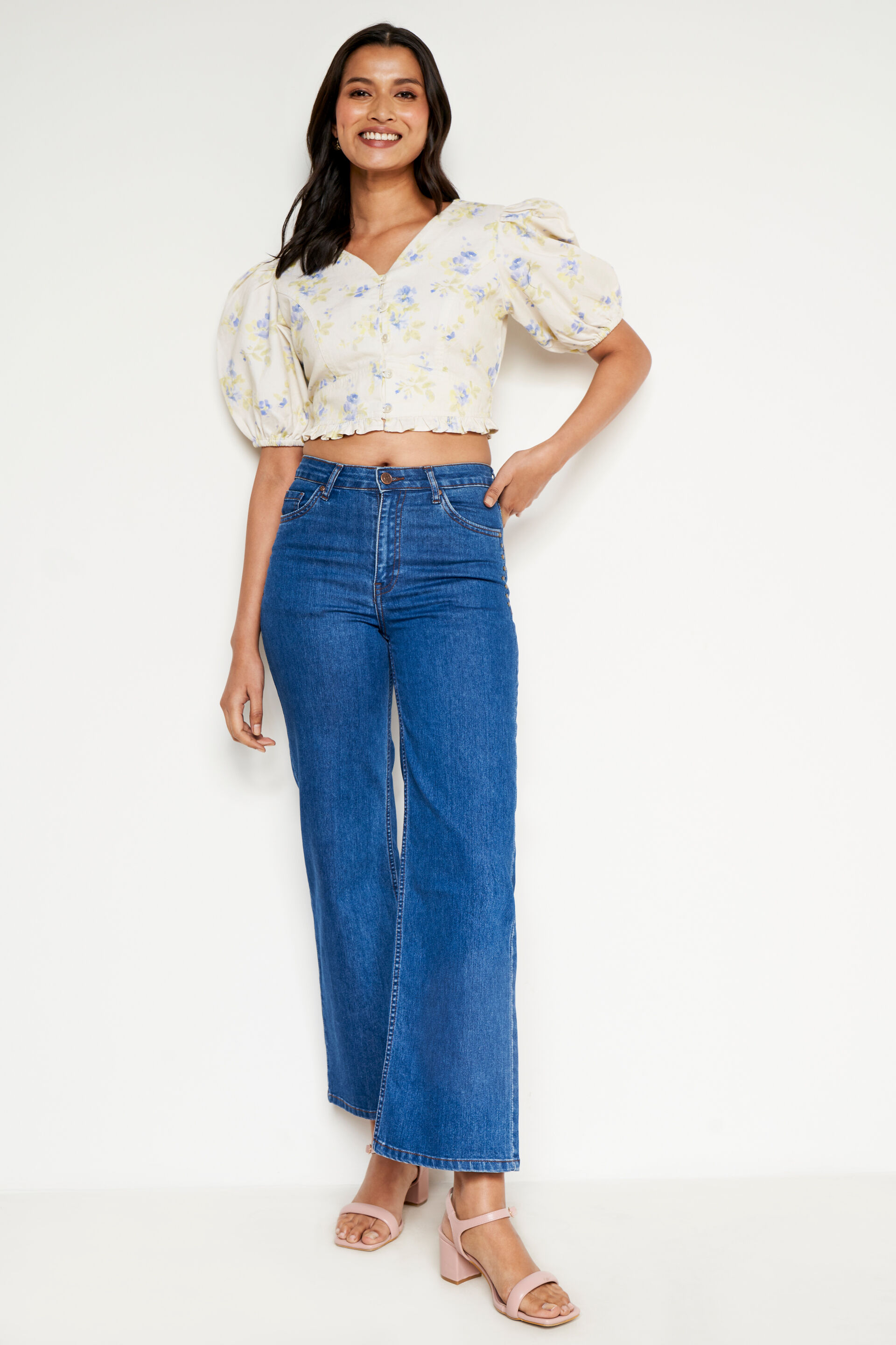 White and Green Floral Denim Crop Top, White, image 2