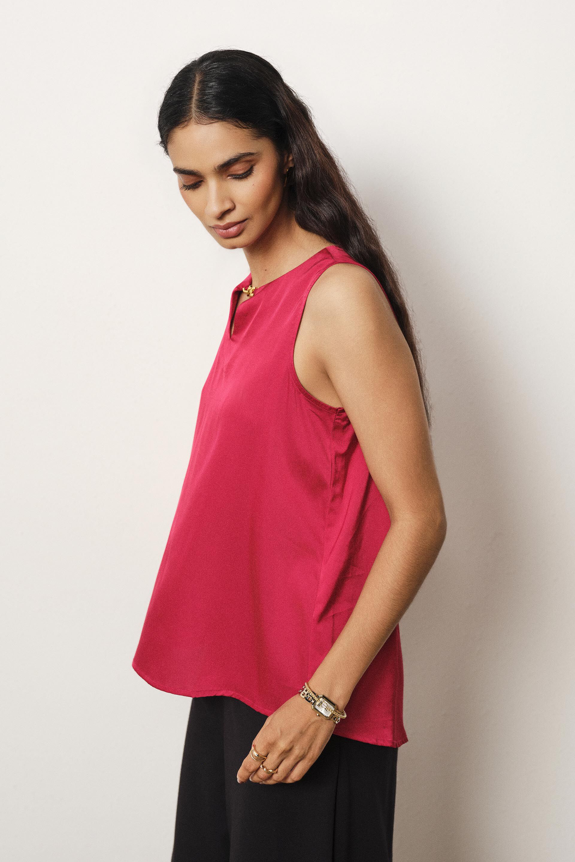 Sleeveless Satin Top in Red, Red, image 5