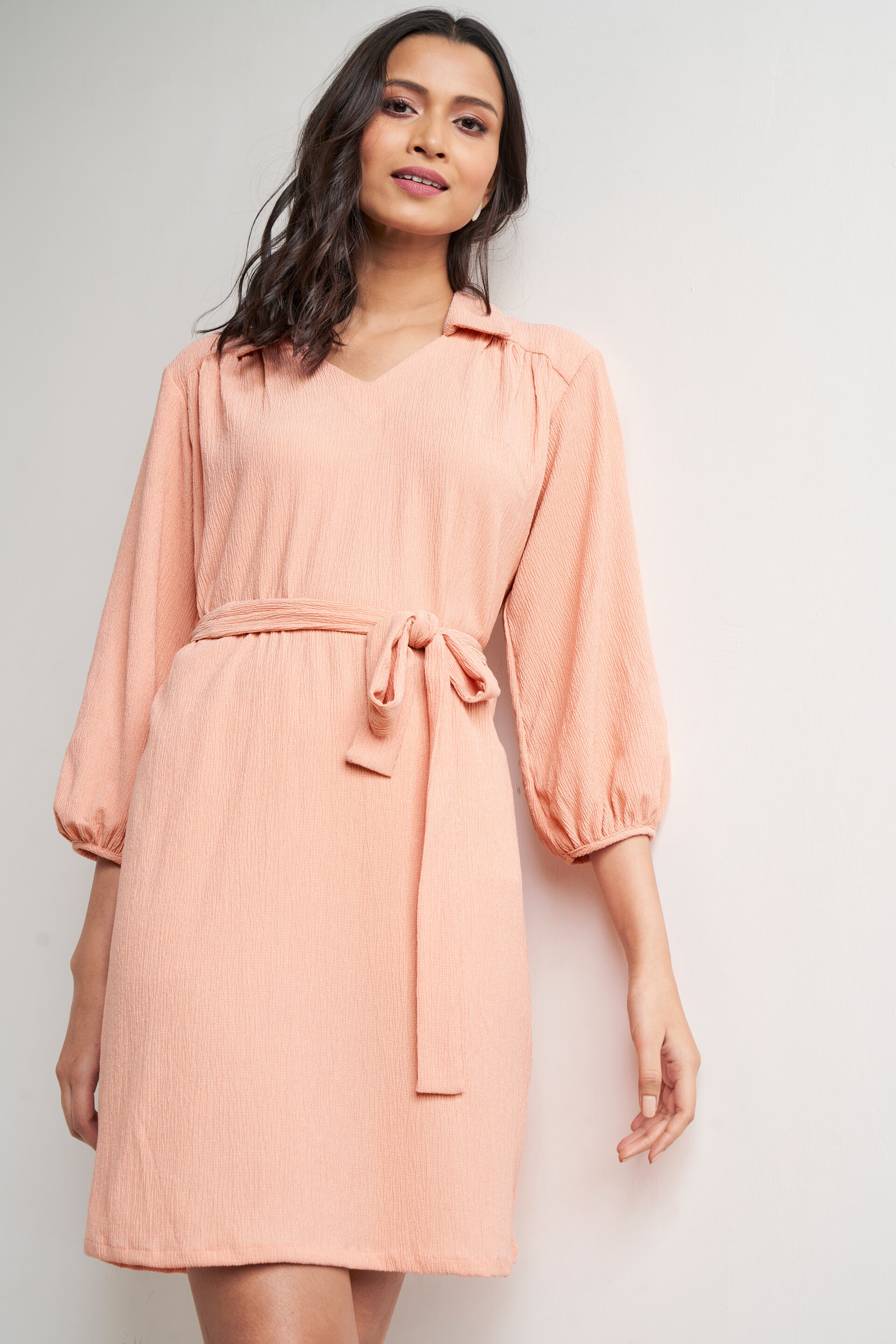 Peach Self Design Straight Dress, Peach, image 7