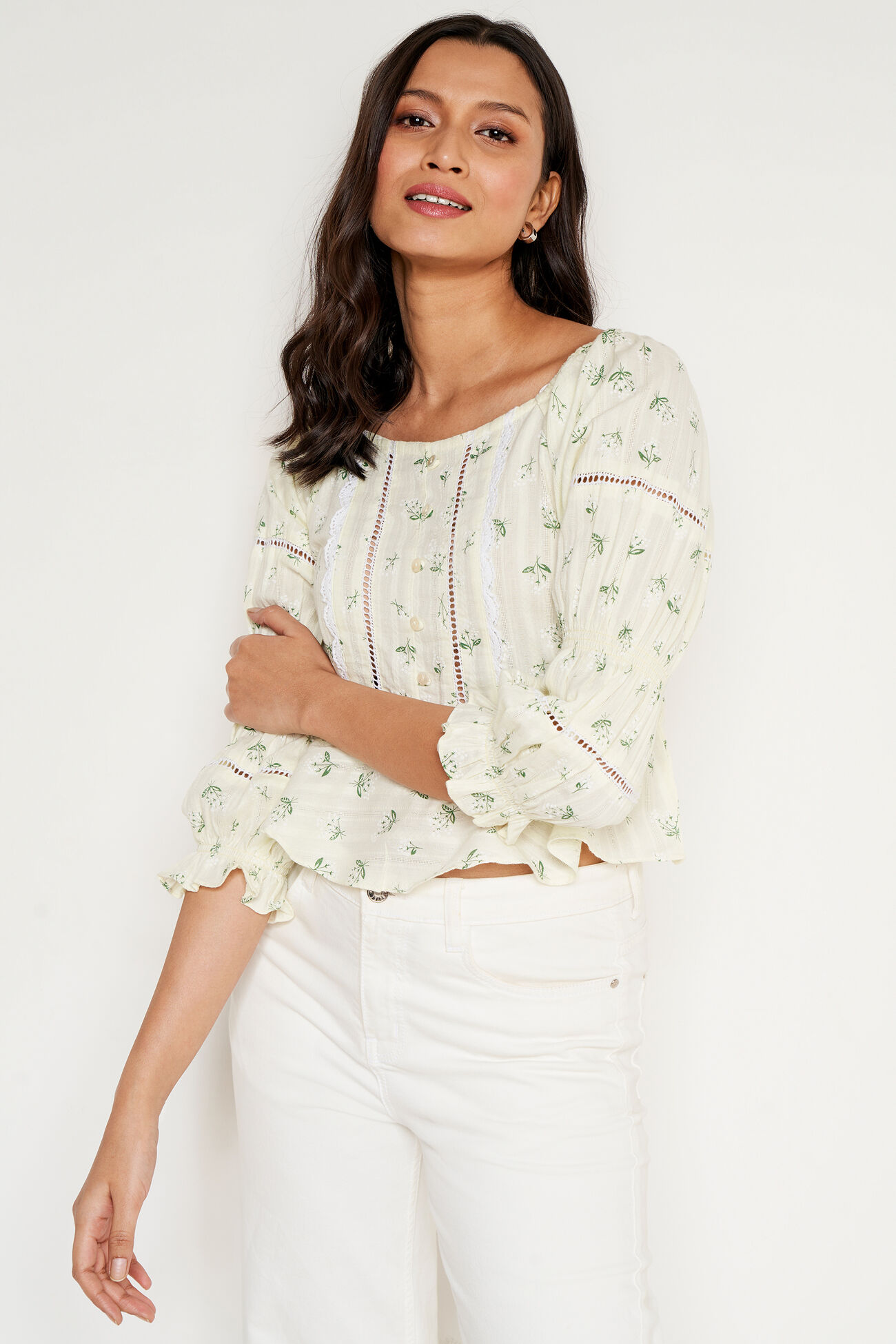Yellow Floral Curved Top, Yellow, image 8