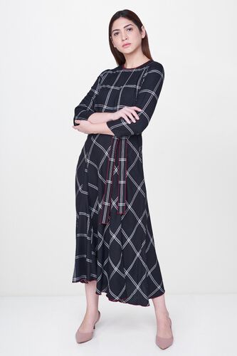 5 - Black Checks Waist Belt Fit and Flare Midi Dress, image 5