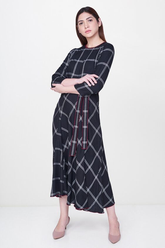 5 - Black Checks Waist Belt Fit and Flare Midi Dress, image 5