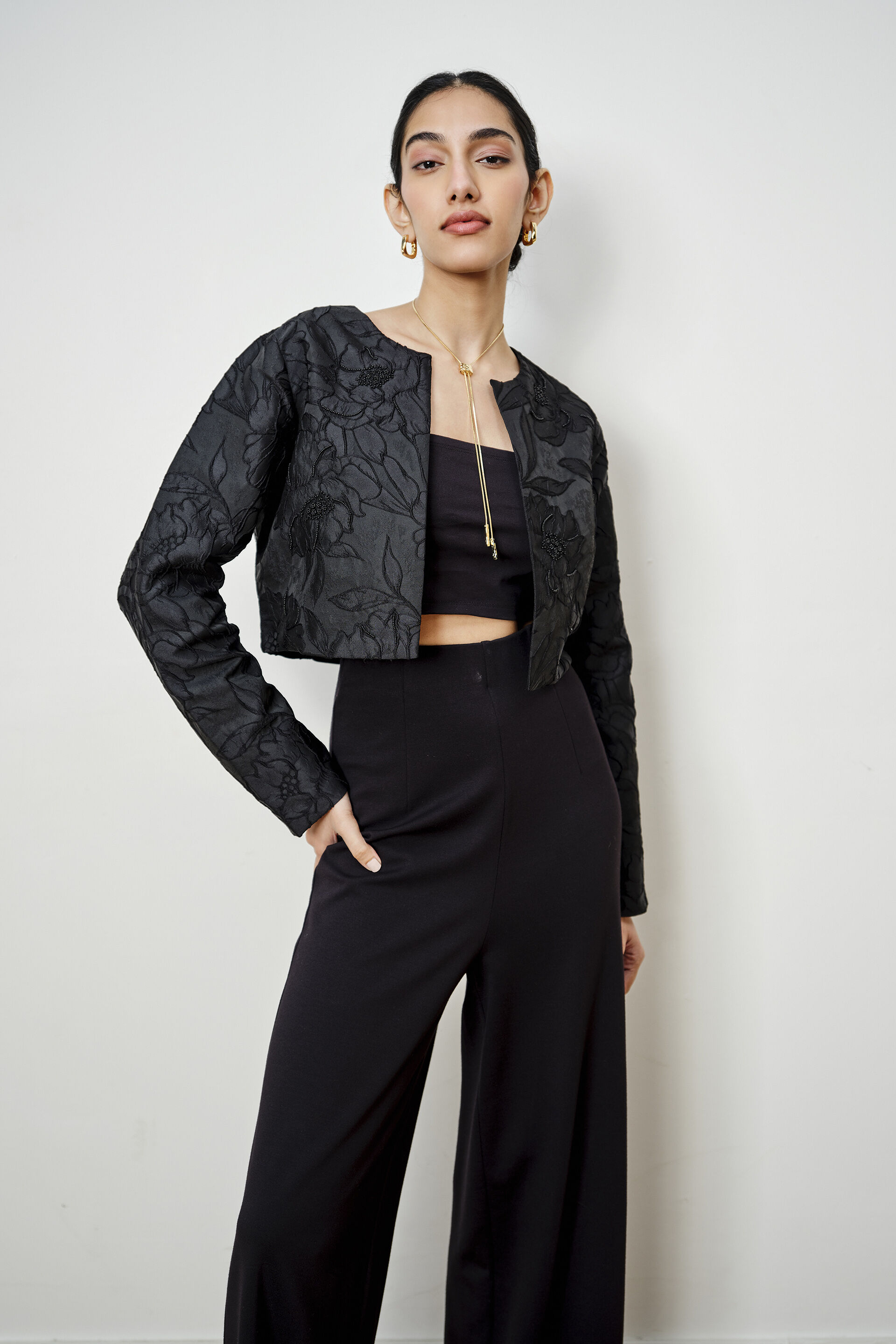 Black Beaded Jacquard Jacket, Black, image 3