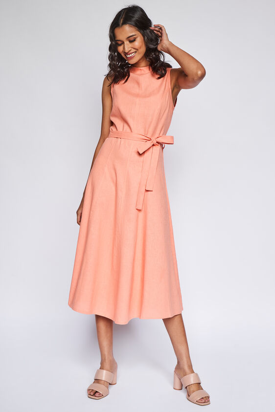 Peach Solid Flared Dress, , image 2