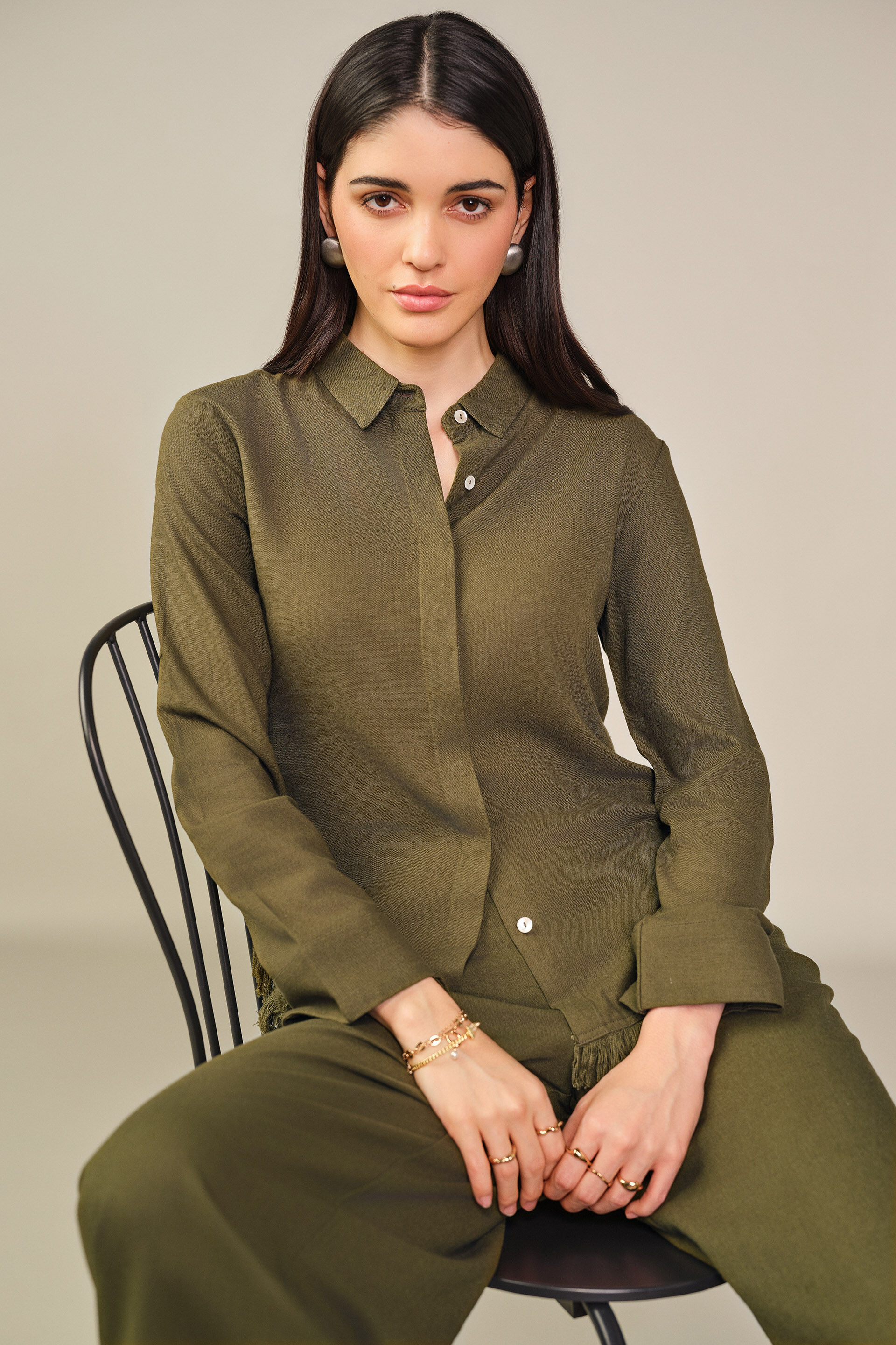 Solid Ruffle Detail Shirt in Olive, Olive, image 2