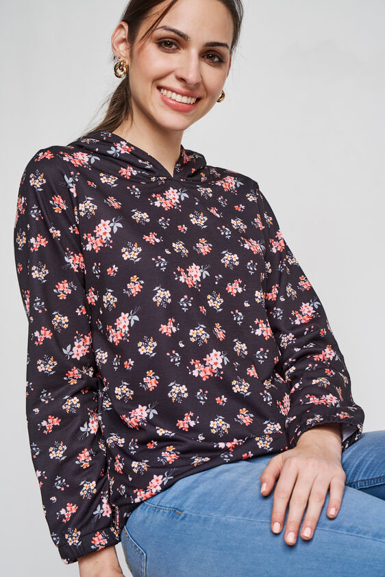 Black Floral Straight Top, Black, image 1