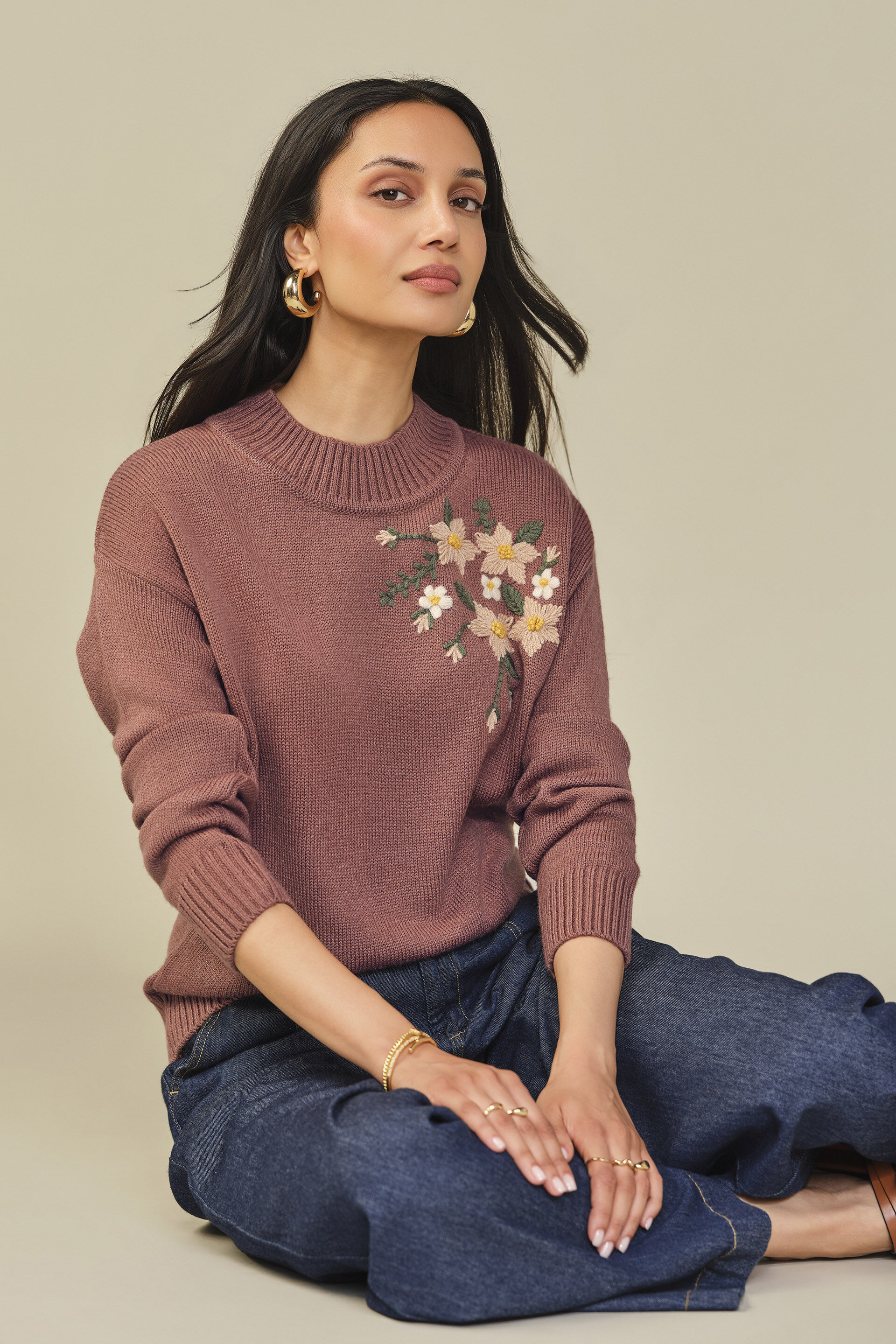 Embroidered Cotton Sweater in Brown, Brown, image 3