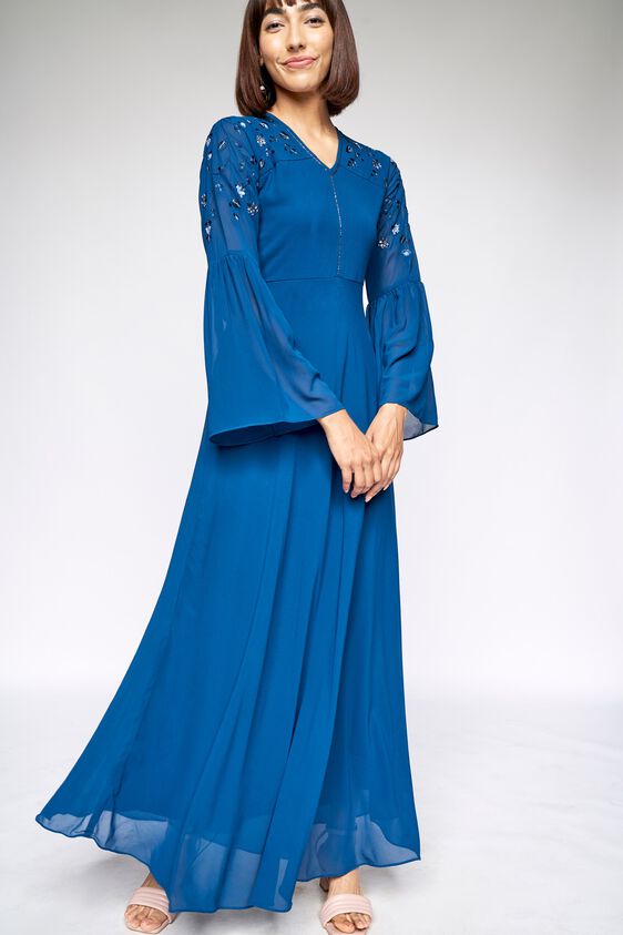 3 - Teal Solid Fit and Flare Gown, image 3