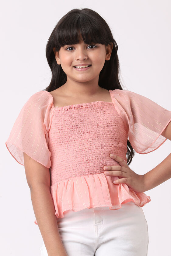 Coral Stripes Flounce Top, Coral, image 2