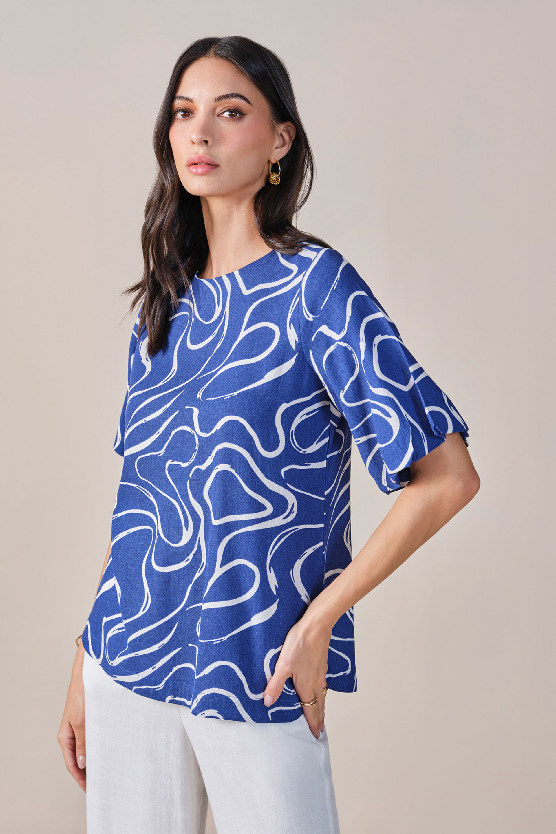 Cobalt Swirl Viscose Linen Blend Top, Blue, image 5