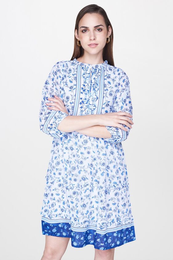 1 - Blue Floral Pleated Band Collar Fit and Flare Dress, image 1