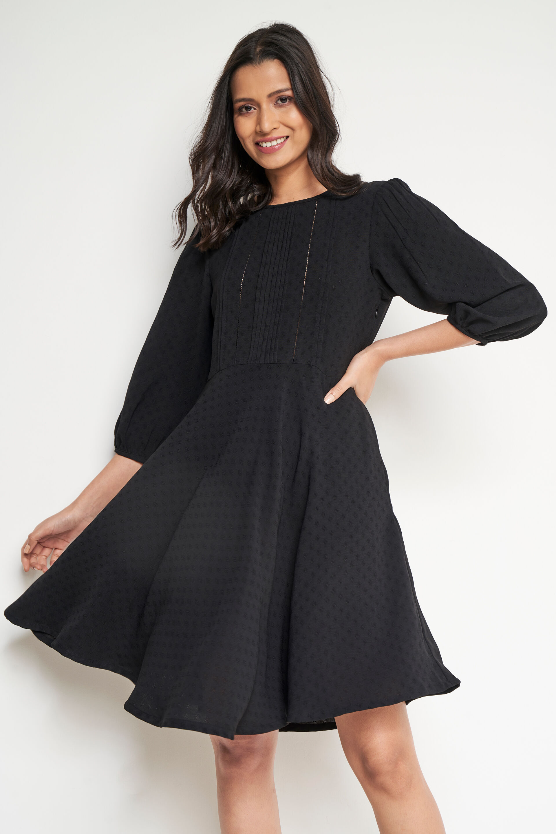 Black Solid Flared Dress, Black, image 1