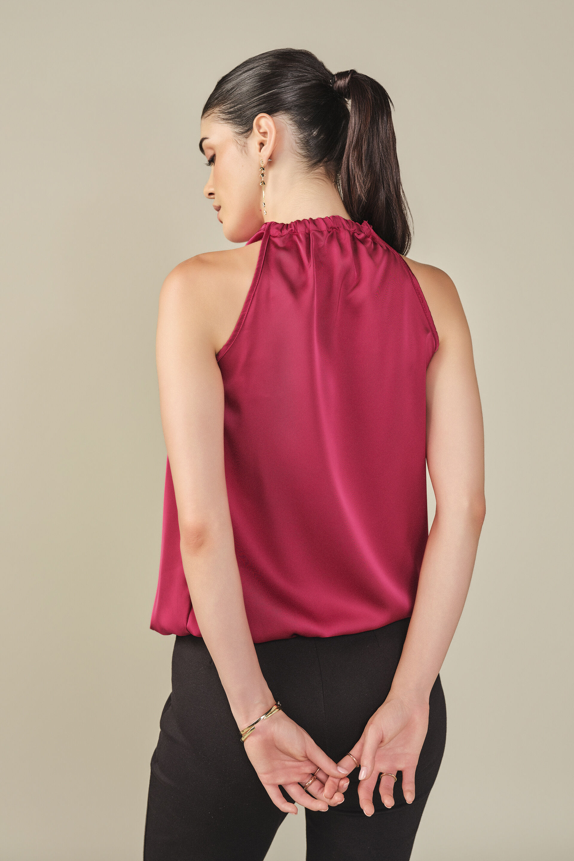Cowl Neck Satin Top in Red, Red, image 5