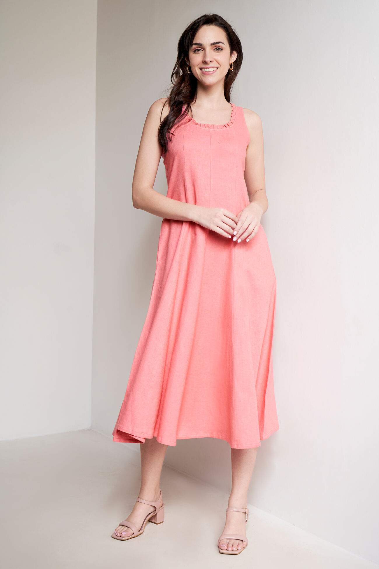 Coral Linen Flared Dress, Coral, image 1