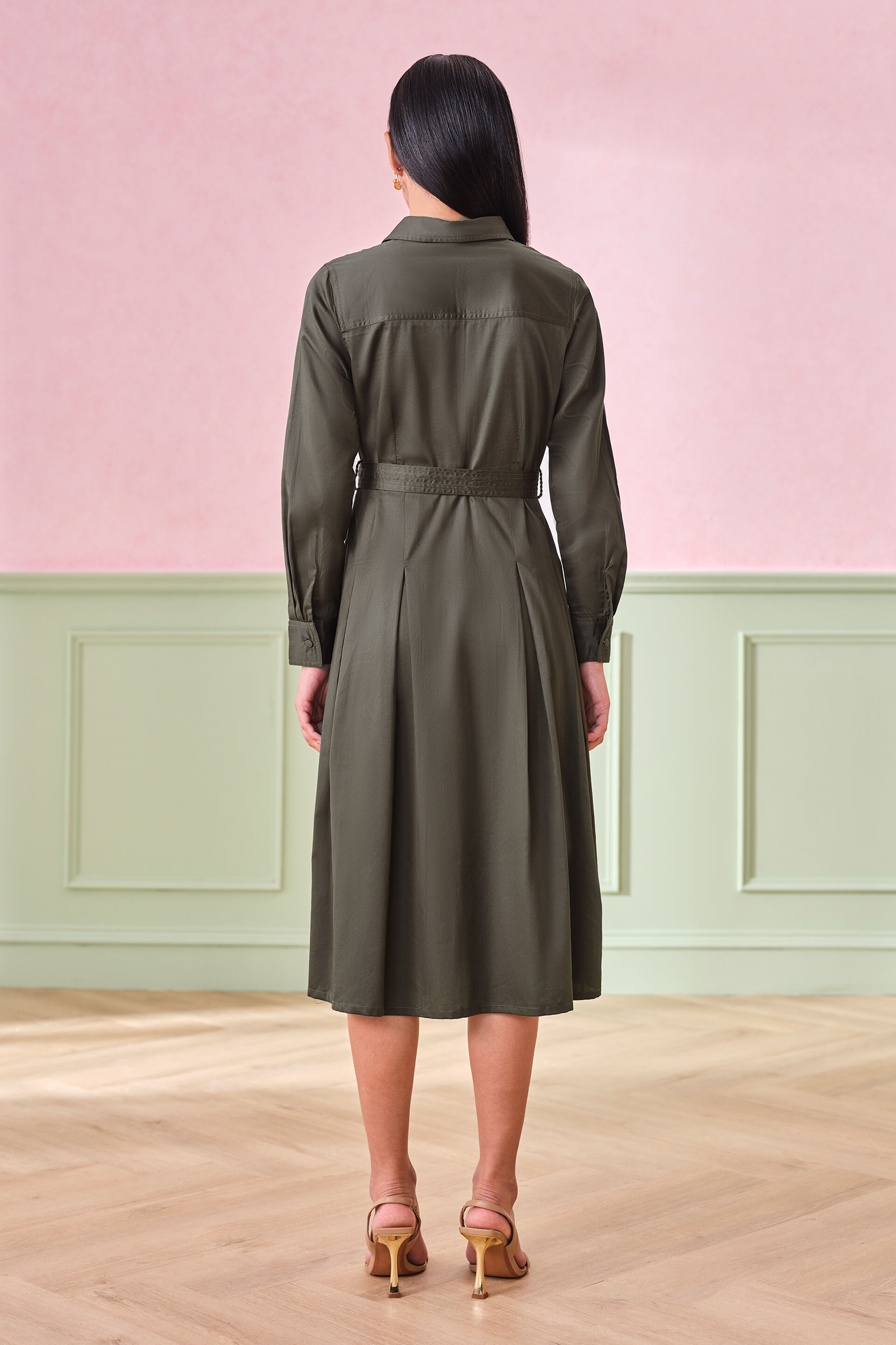 Infinity Pleated Dark Olive Cotton Dress, Olive, image 5