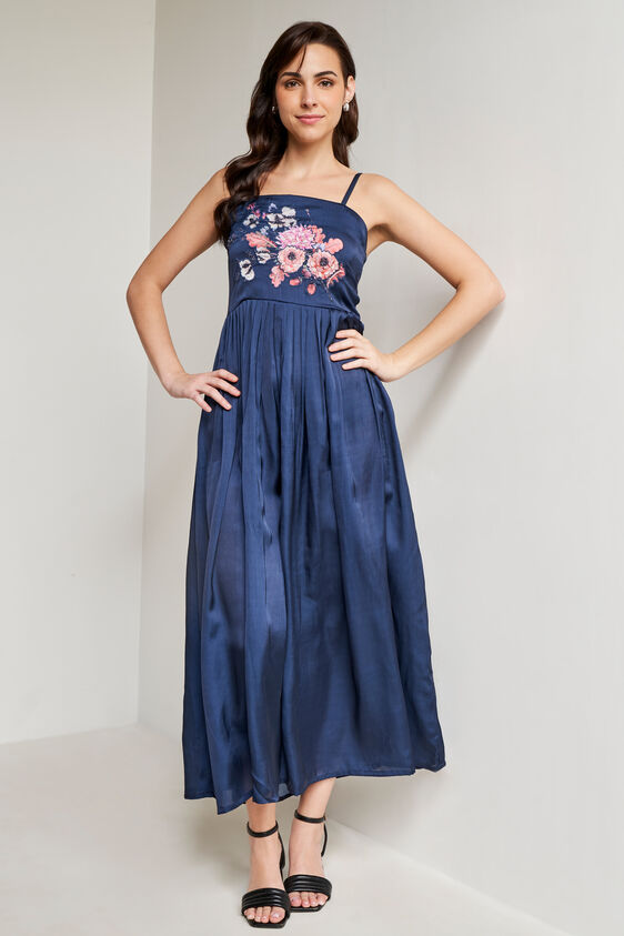 Blue Solid Flared Gown, Blue, image 4