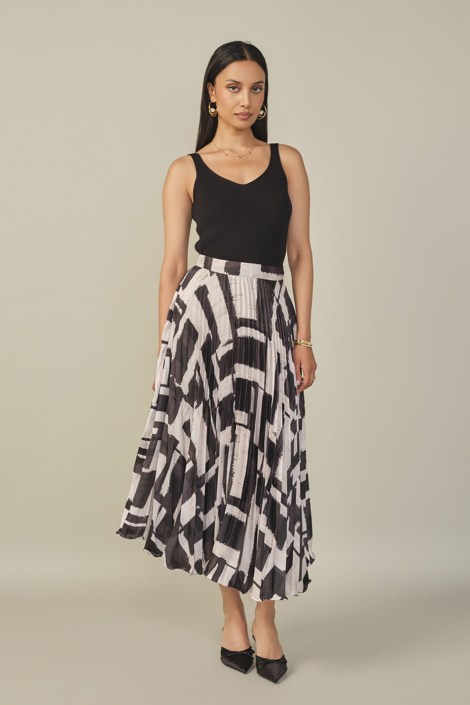 Abstract Printed Satin Skirt in Cream, Cream, image 4