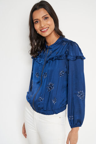 Blue Solid Mandarin Collar Jacket, Blue, image 2