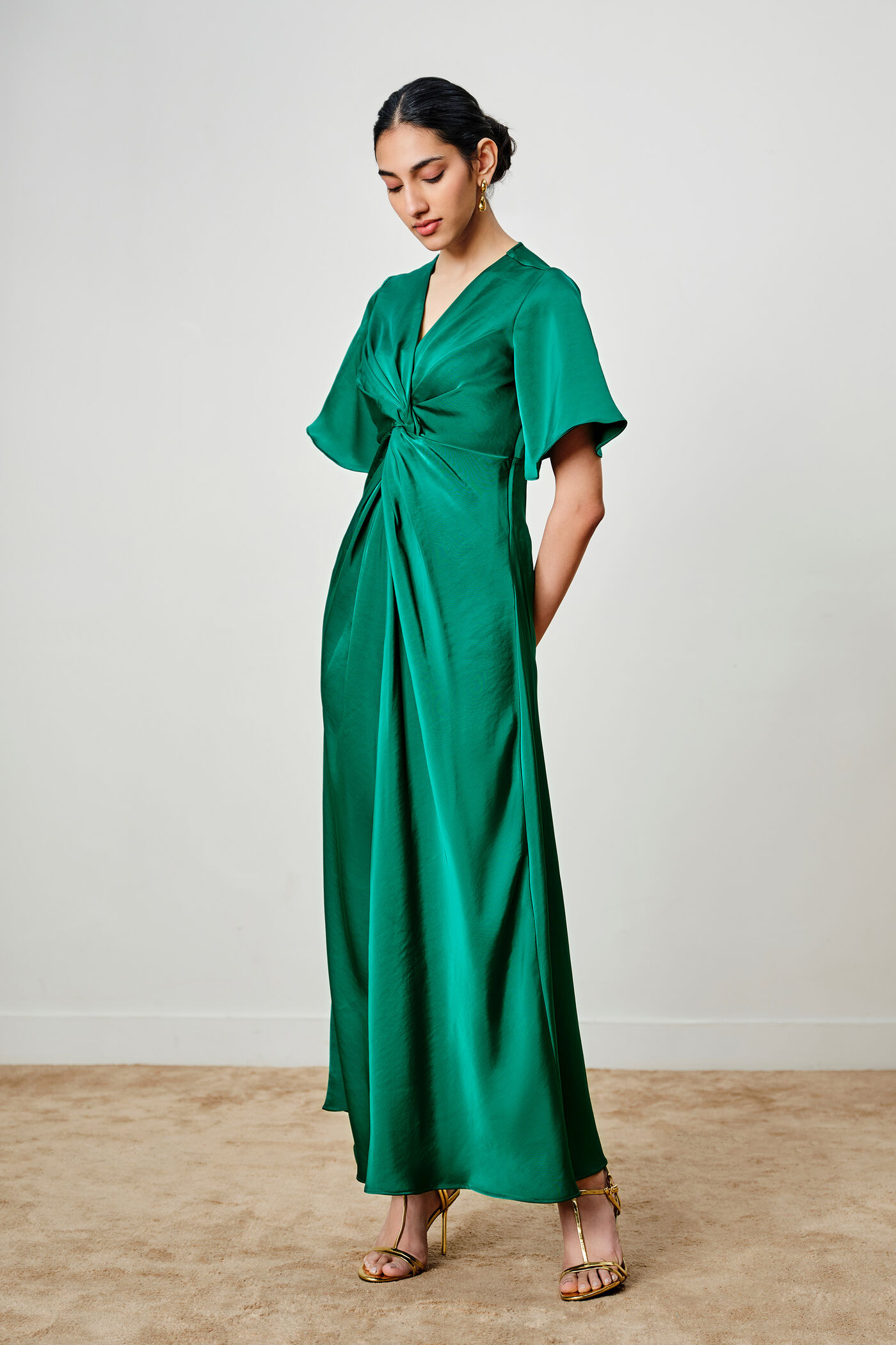 pleated maxi dress india Cbazaar Women's Maxi Dress | Cream Satin Box Pleated Maxi Dress | Cream | Classic Style | Diwali | Classic Neck Style | Sleeveless