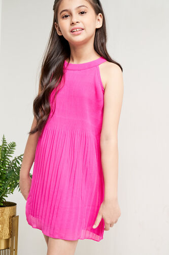 Pink Solid Pleated Flared Dress, Pink, image 5