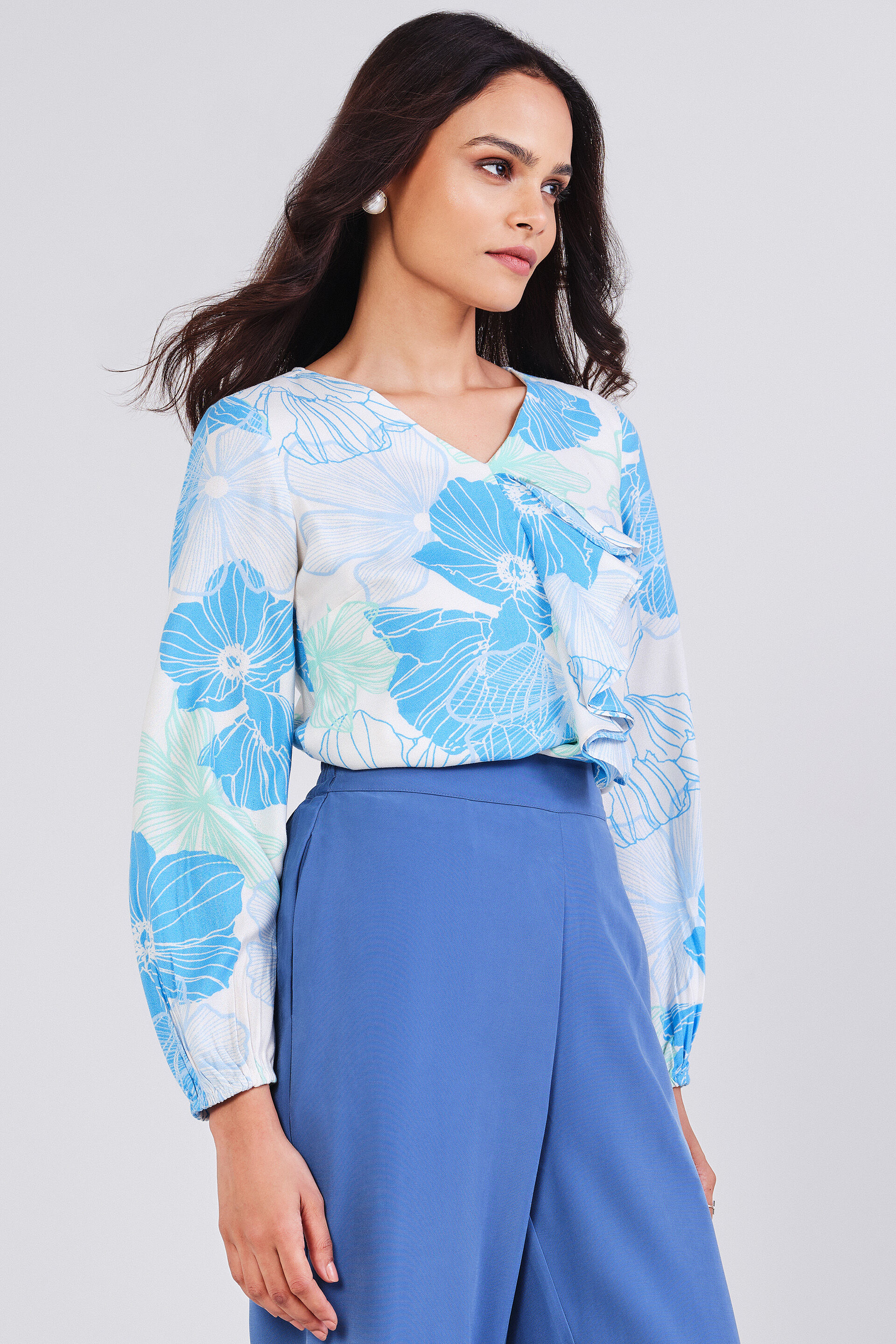 Water Flower Ruffle Top, Blue, image 3