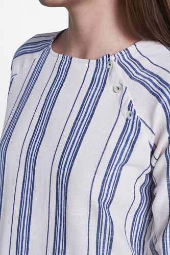 5 - White - Blue Stripes Round Neck A-Line Cuff Dress, image 5
