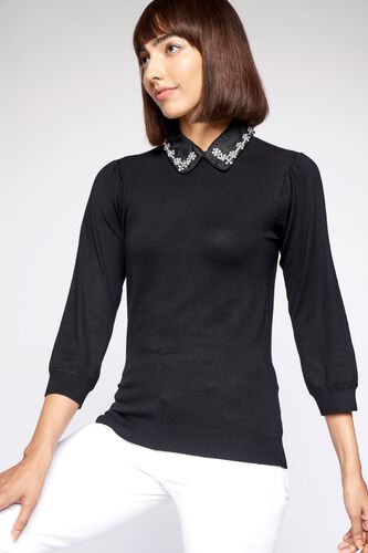 1 - Black Self Design Sweater Top, image 1