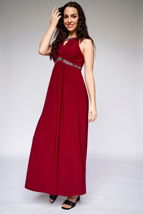 Wine Solid Flared Gown, Wine, image 4