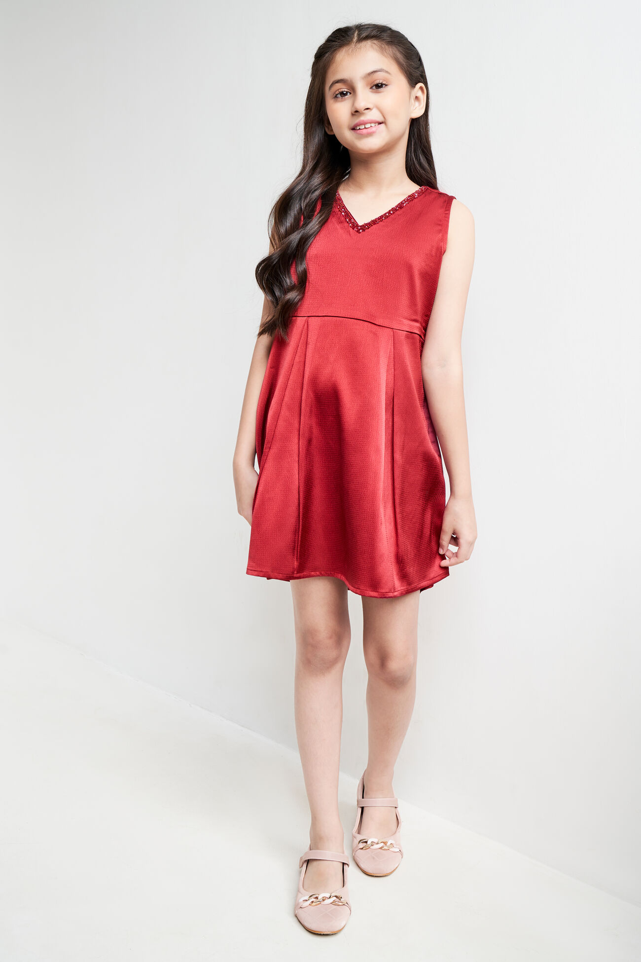 Maroon Solid Party Dress, Maroon, image 1