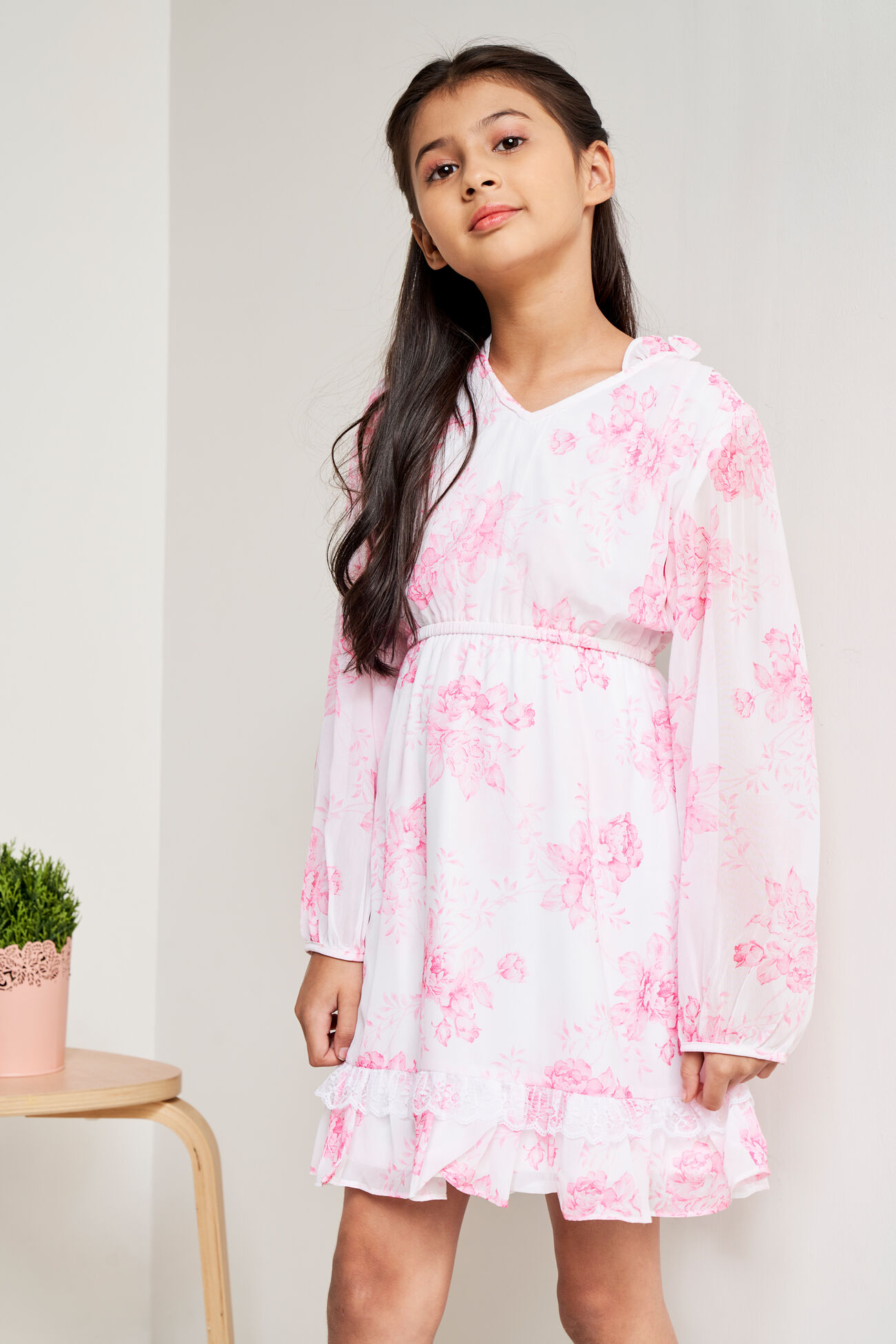 Cream Floral Flounce Dress, Cream, image 3