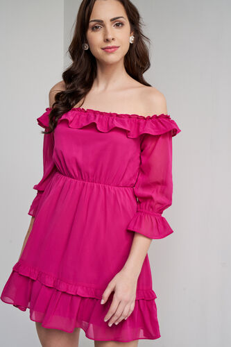 Pink Solid Flounce Dress, Pink, image 5