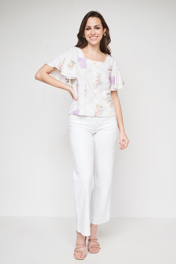 Cream Floral Flared Top, Cream, image 3