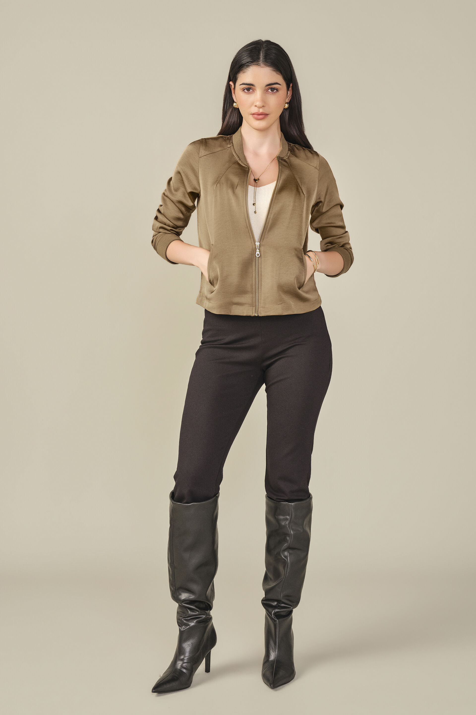 Satin Bomber Jacket in Tan, Tan, image 2