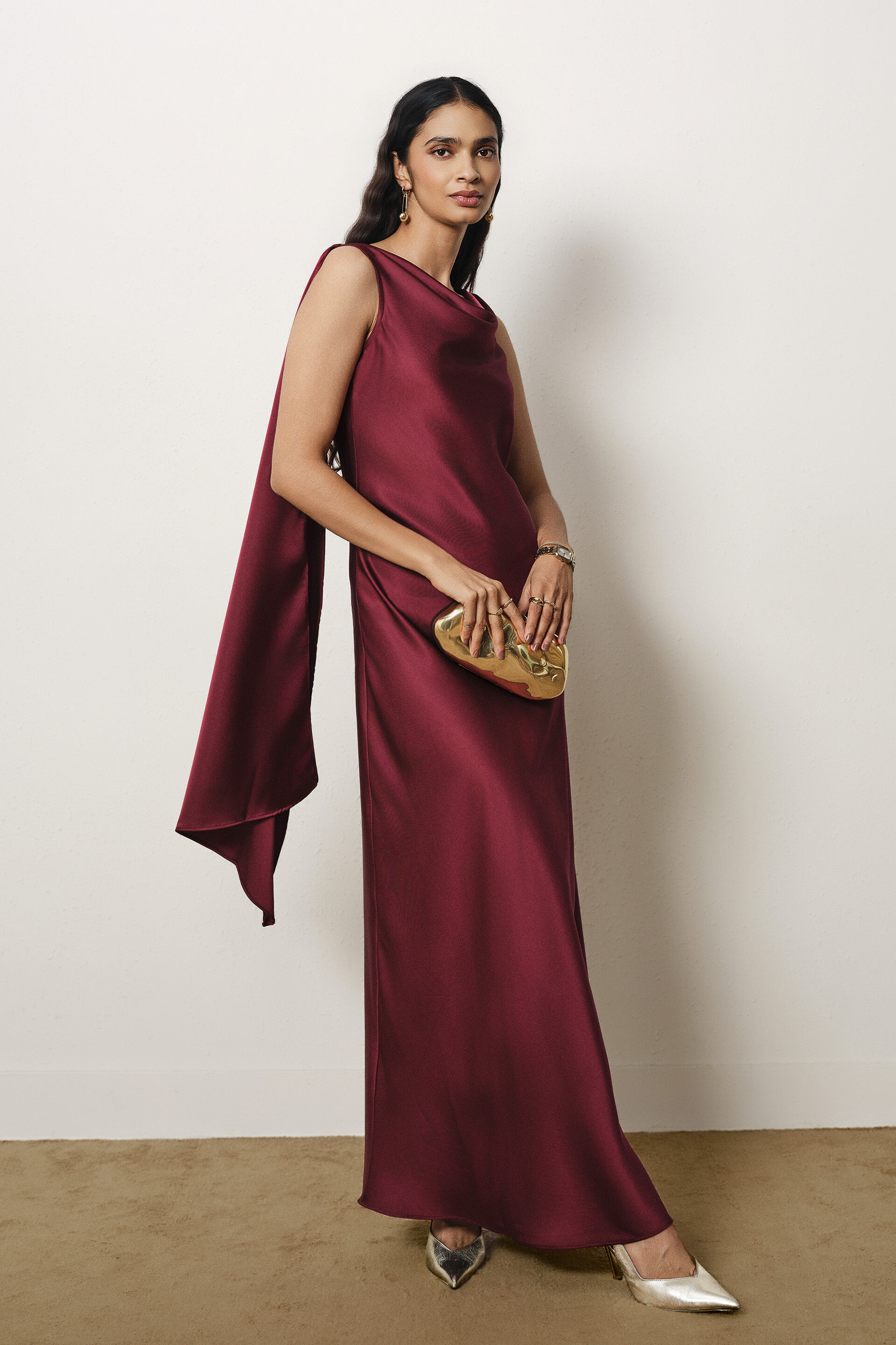 Cowl Maxi Satin Gown in wine, Wine, image 3