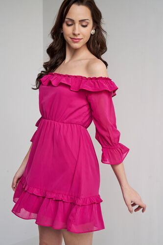Pink Solid Flounce Dress, Pink, image 4