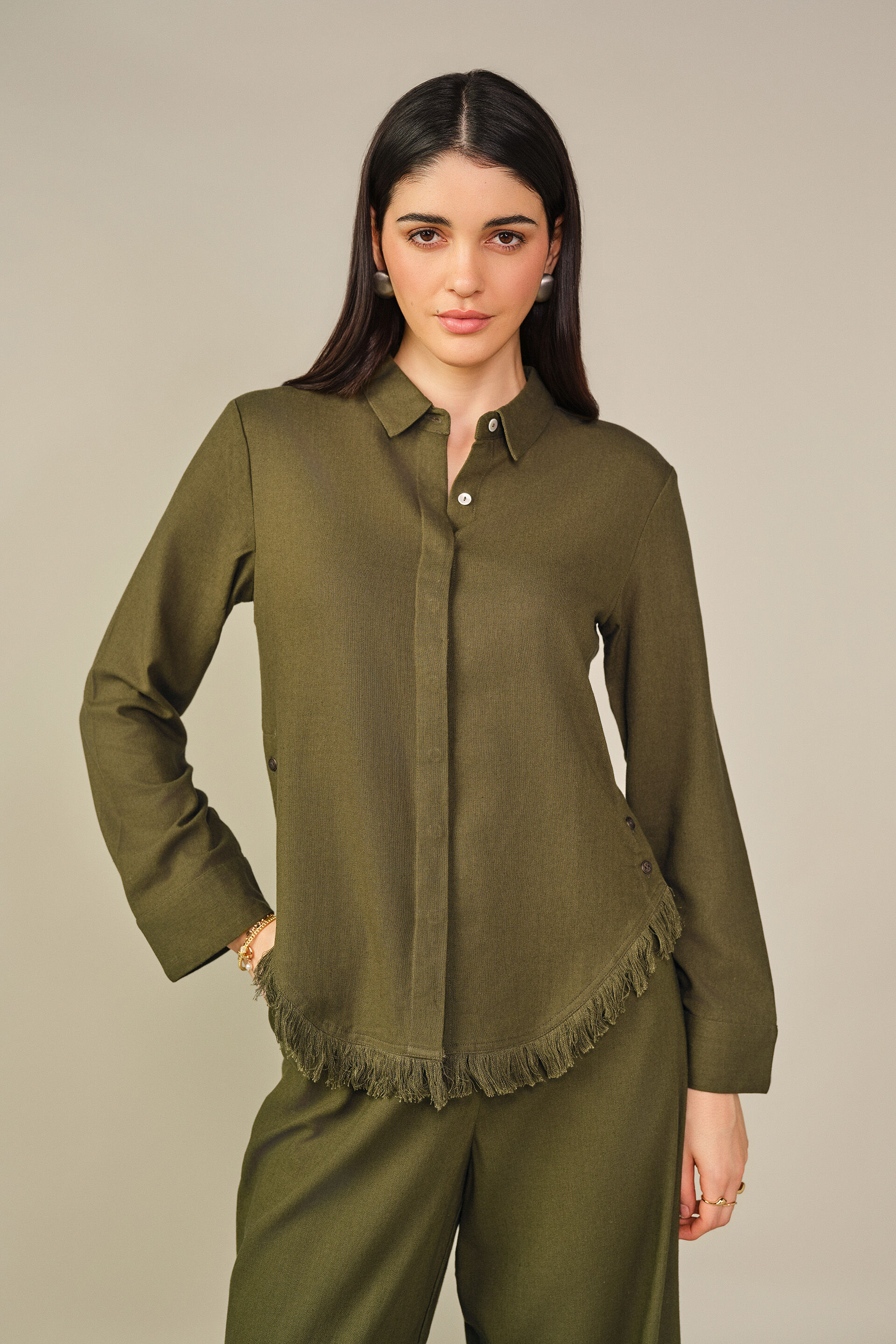 Solid Ruffle Detail Shirt in Olive