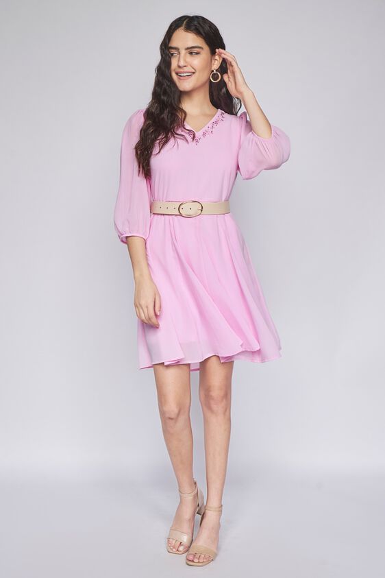 3 - Pink Solid Fit & Flare Dress, image 3