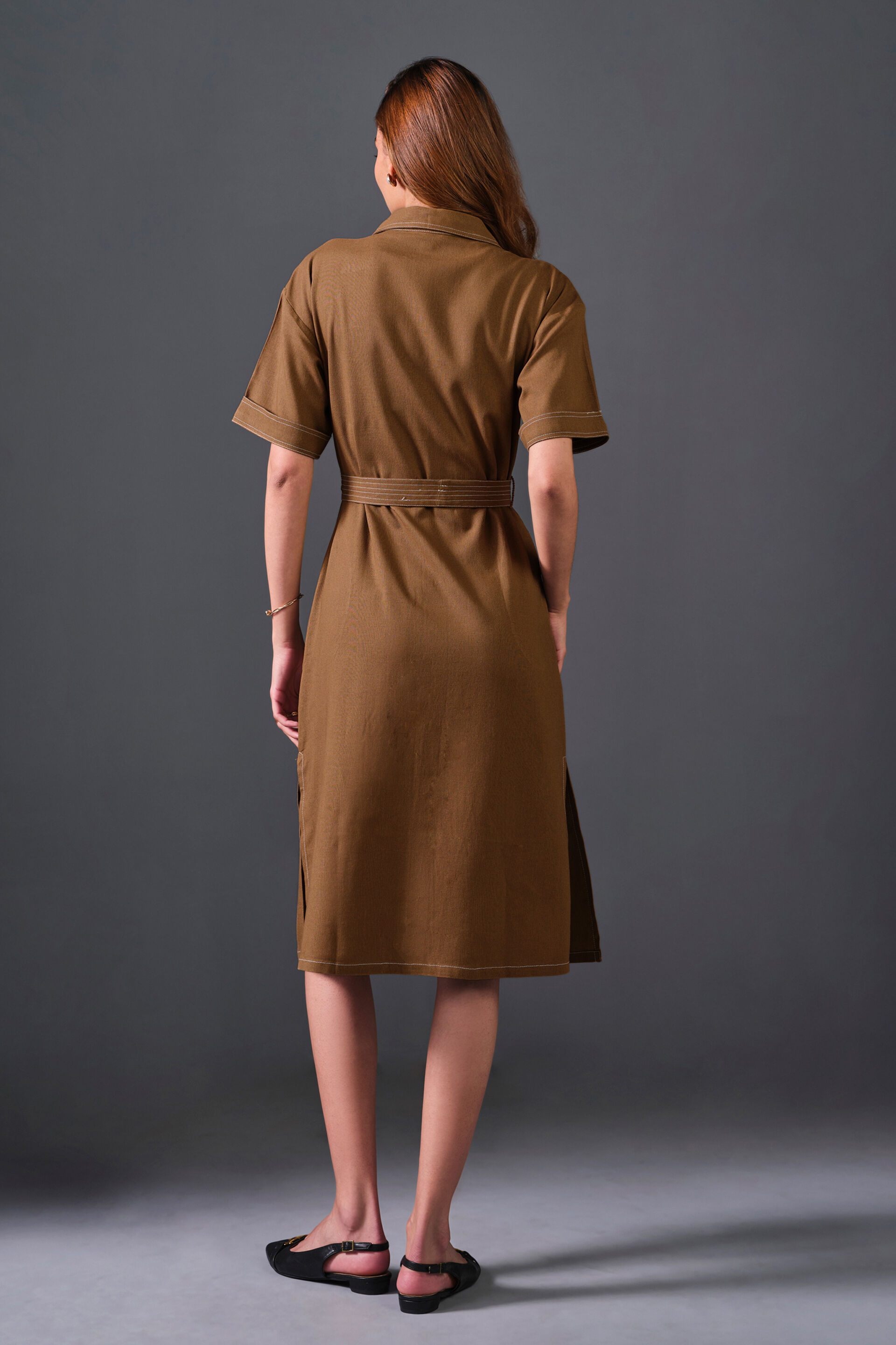High On Contrast Rayon Dress, Brown, image 5