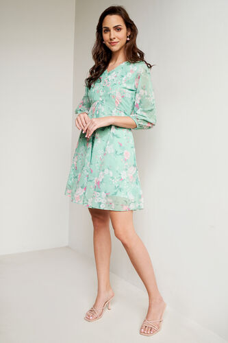 Green Floral Flared Dress, Green, image 3