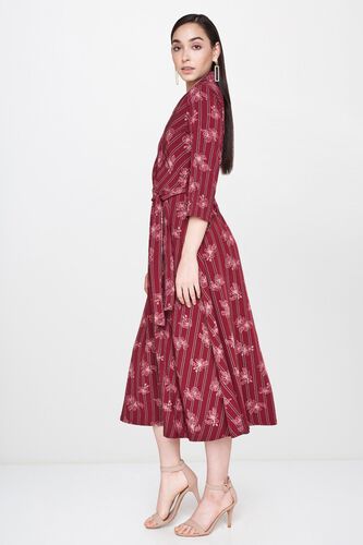 3 - Wine Floral Tie-Ups V-Neck Fit and Flare Midi Dress, image 3