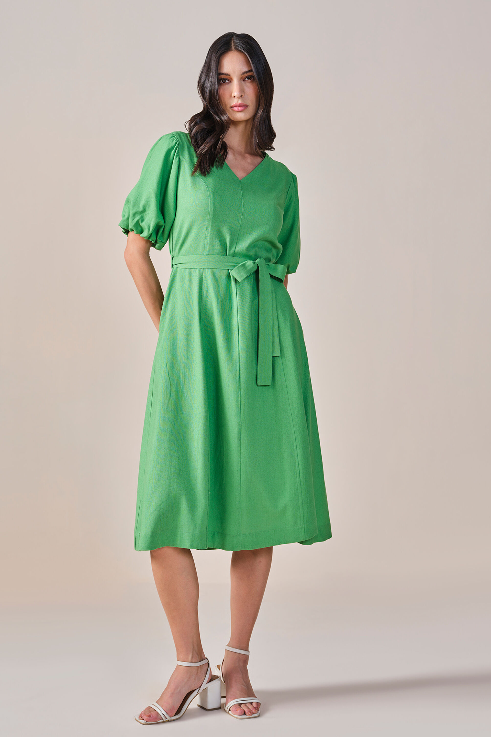 Modern Summer Viscose Linen Blend Dress, Green, image 3