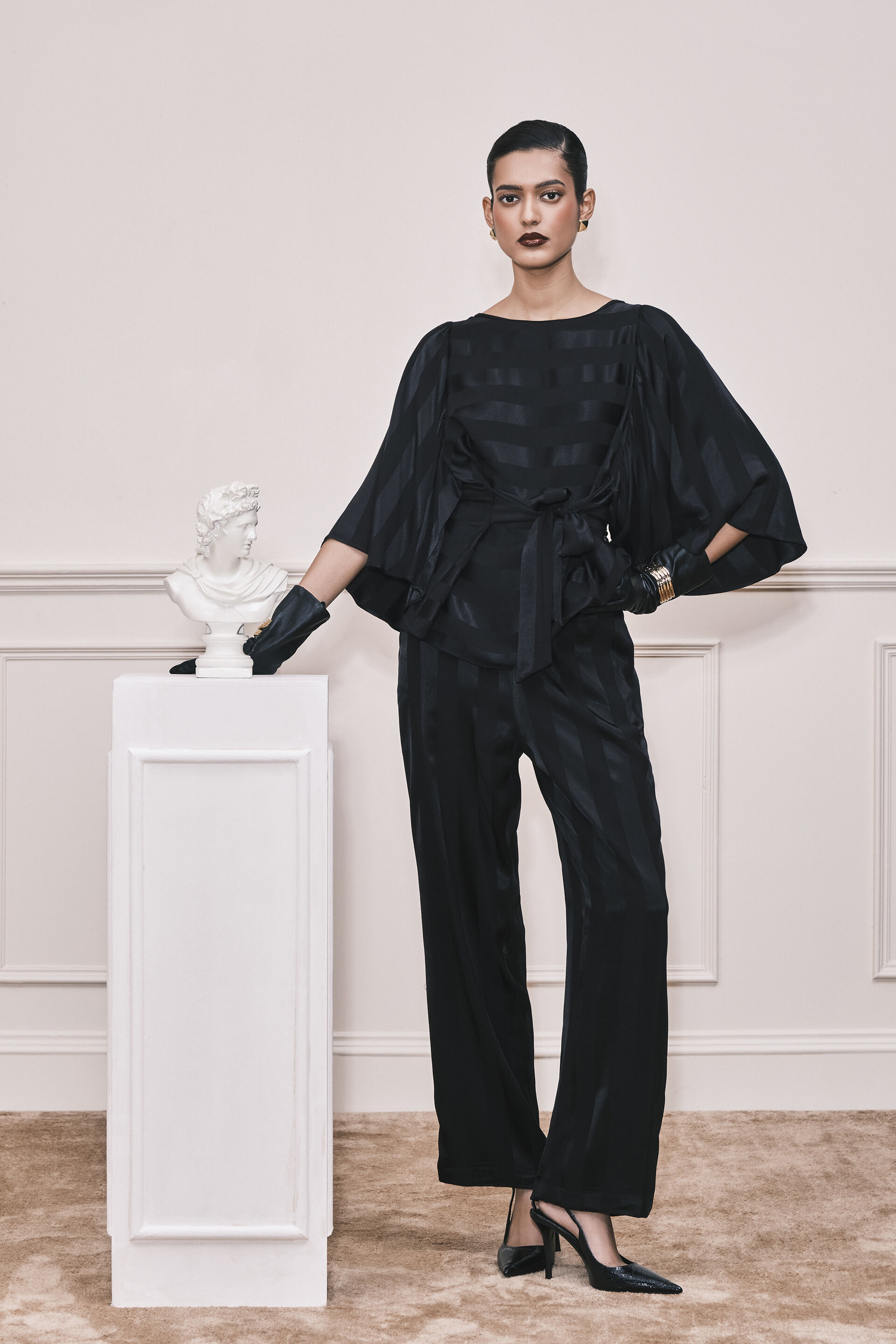 Stripes in Stack Satin Co-ord Set, Black, image 1