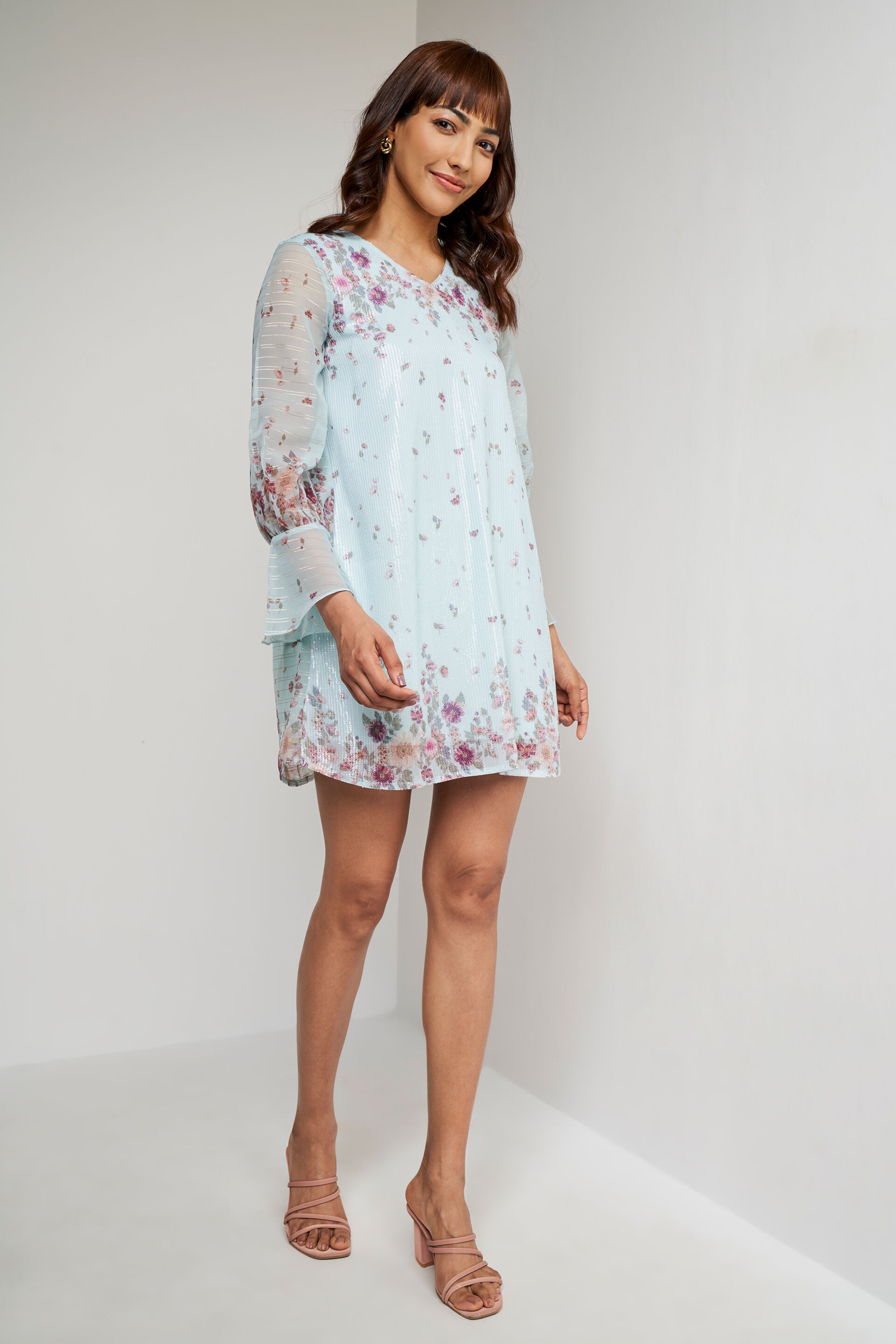 Powder Blue Floral Flared Dress, Powder Blue, image 4