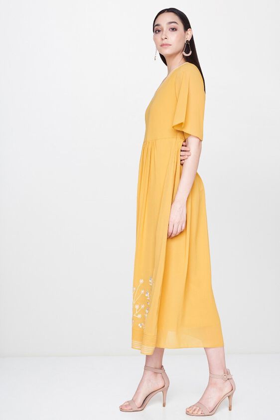 3 - Yellow Pleated V-Neck Fit and Flare Gown, image 3