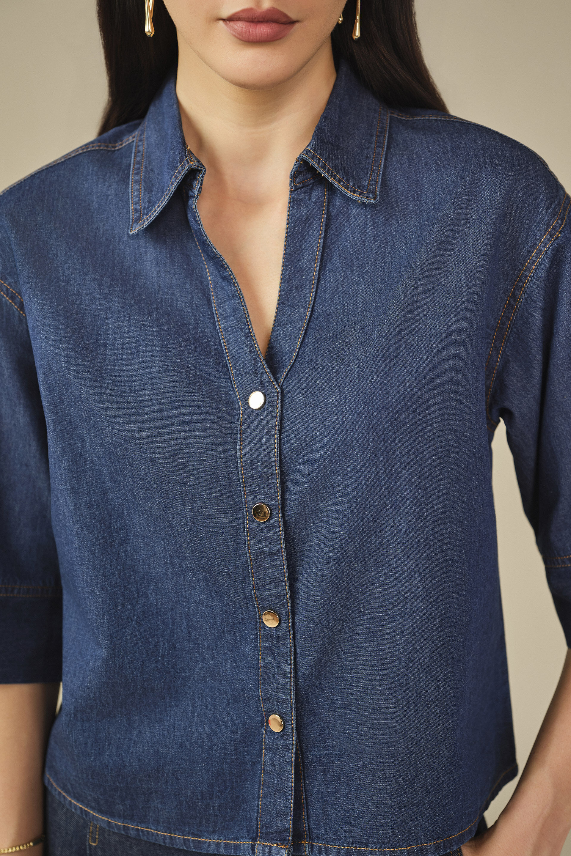 Solid Denim Shirt in Navy Blue, Dark Blue, image 2