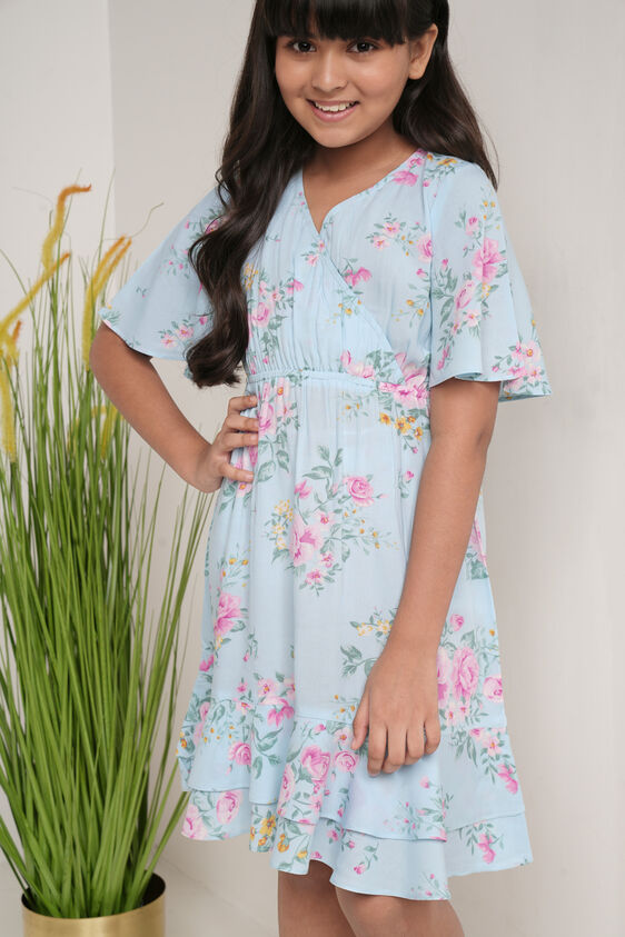 Blue and Pink Floral Curved Dress, Blue, image 4