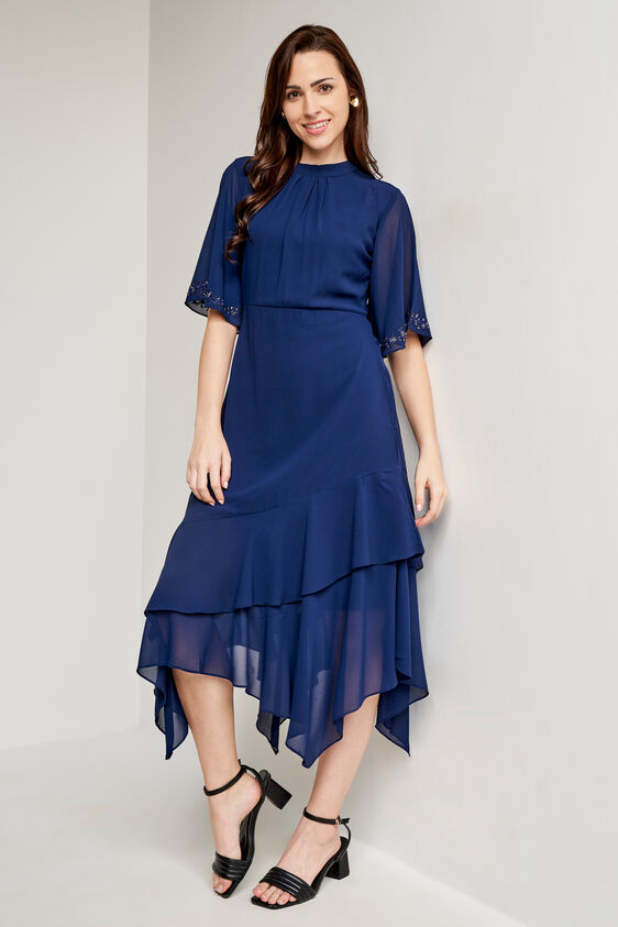 Blue Solid Fit and Flare Dress, Blue, image 3