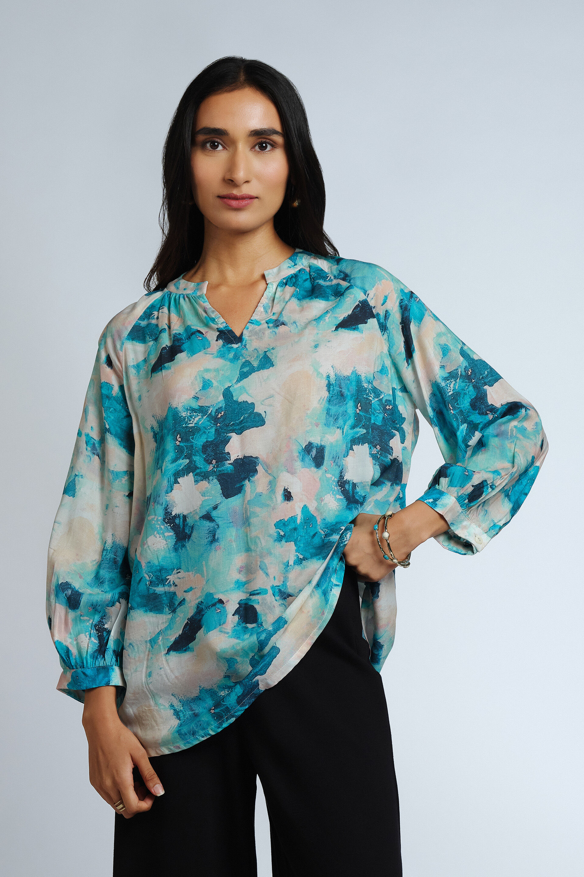 Painterly Blues LENZING&trade; Modal Top, Blue, image 1