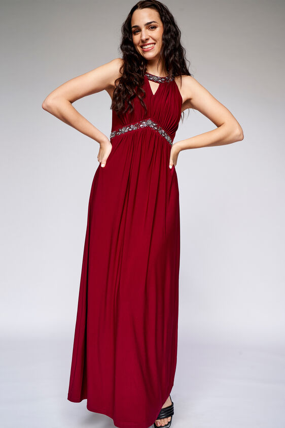 Wine Solid Flared Gown, Wine, image 3